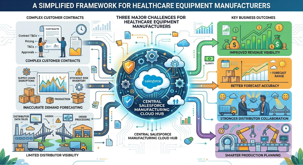 Salesforce Manufacturing Cloud helping healthcare equipment manufacturers manage contracts, forecasting, and distributor networks.