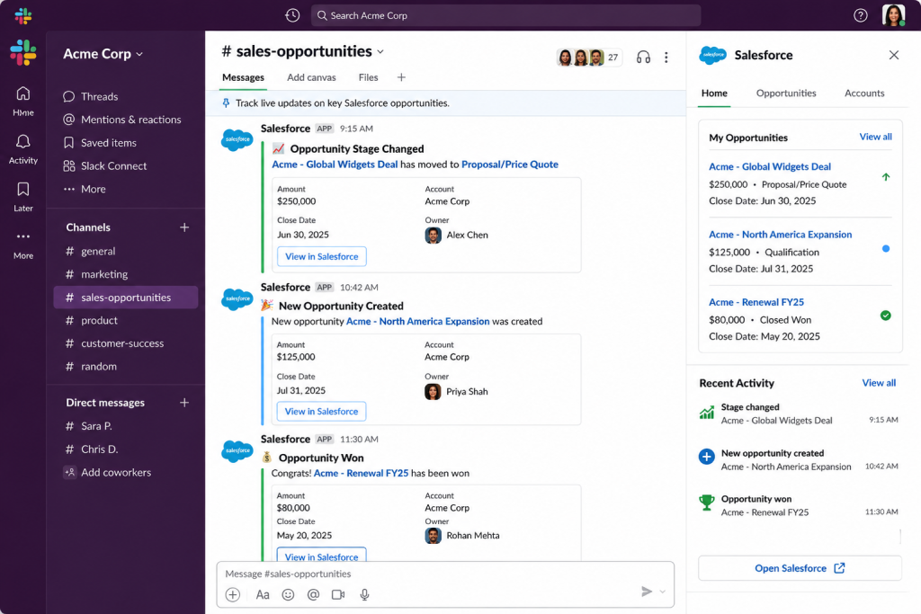 Salesforce alerts and CRM updates inside Slack workspace