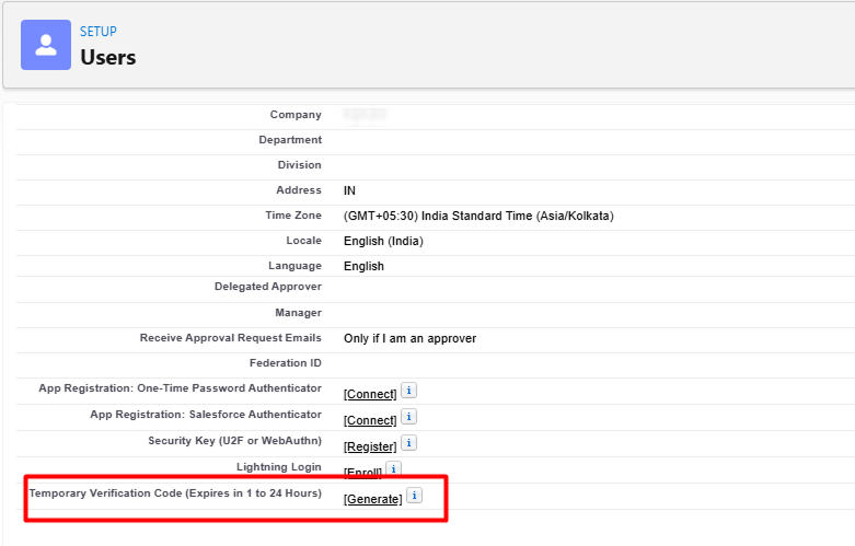 Temporary Verification Code Generate option on a Salesforce User Detail page.
